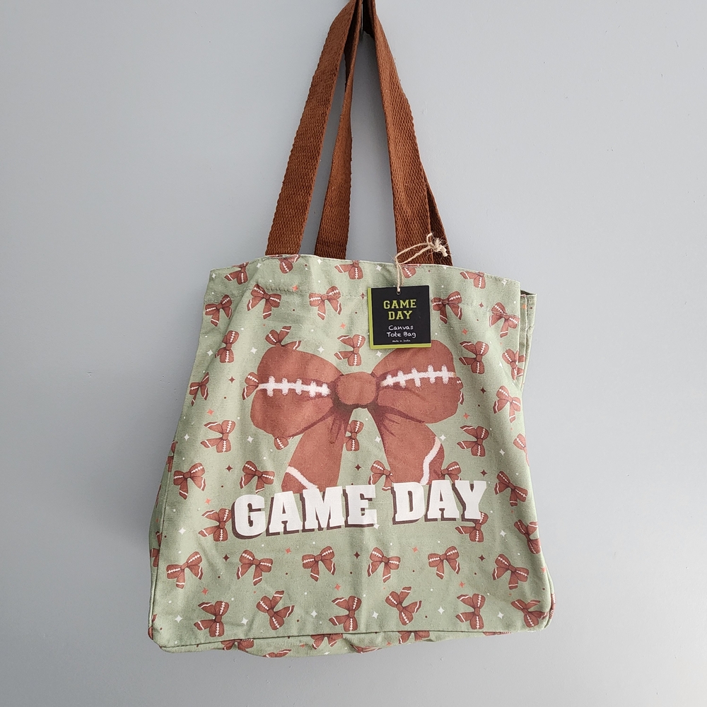 Game Day Football Bow Ribbon Light Canvas Tote Bag NWT